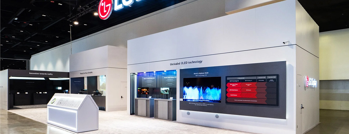 LG Display trade show booth showcasing OLED technology with sleek modern design and illuminated signage
