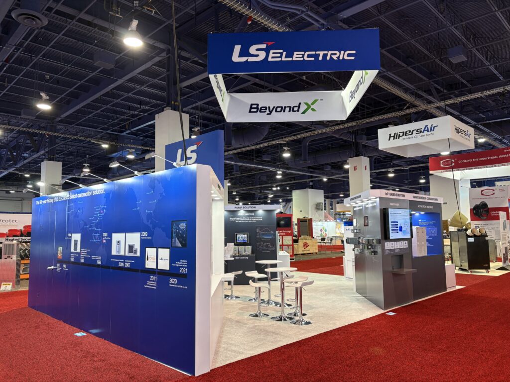 LS Electric booth with overhead signage