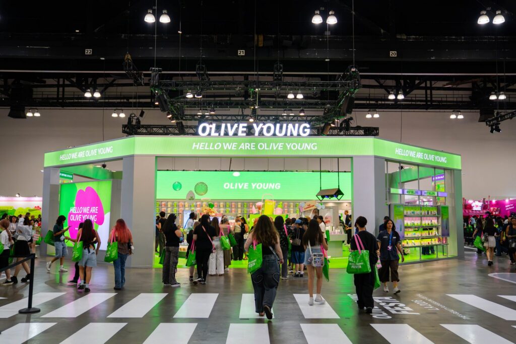 Olive Young Festa main entrance structure with Seoul-style crosswalk at KCON LA 2026, built by Beaver XP