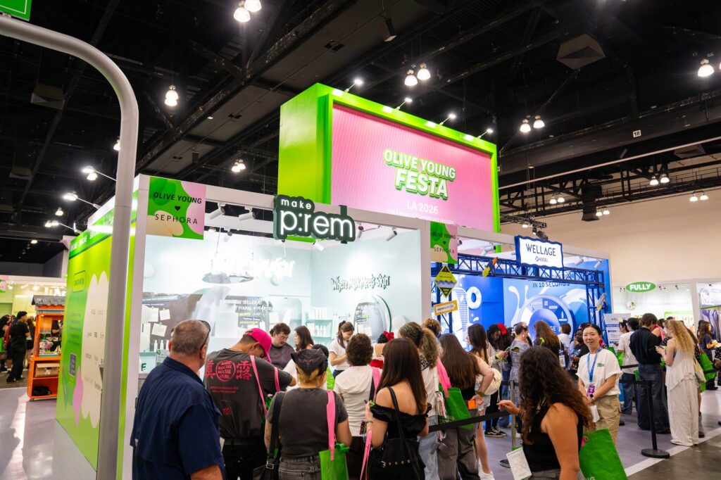 make p:rem and Wellage skincare brand booths with attendees at Olive Young Festa KCON LA 2026