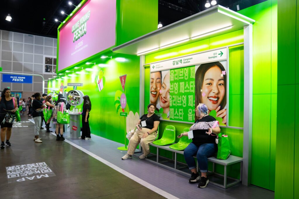 Seoul subway station themed seating set with Gangnam Station signage at Olive Young Festa KCON LA