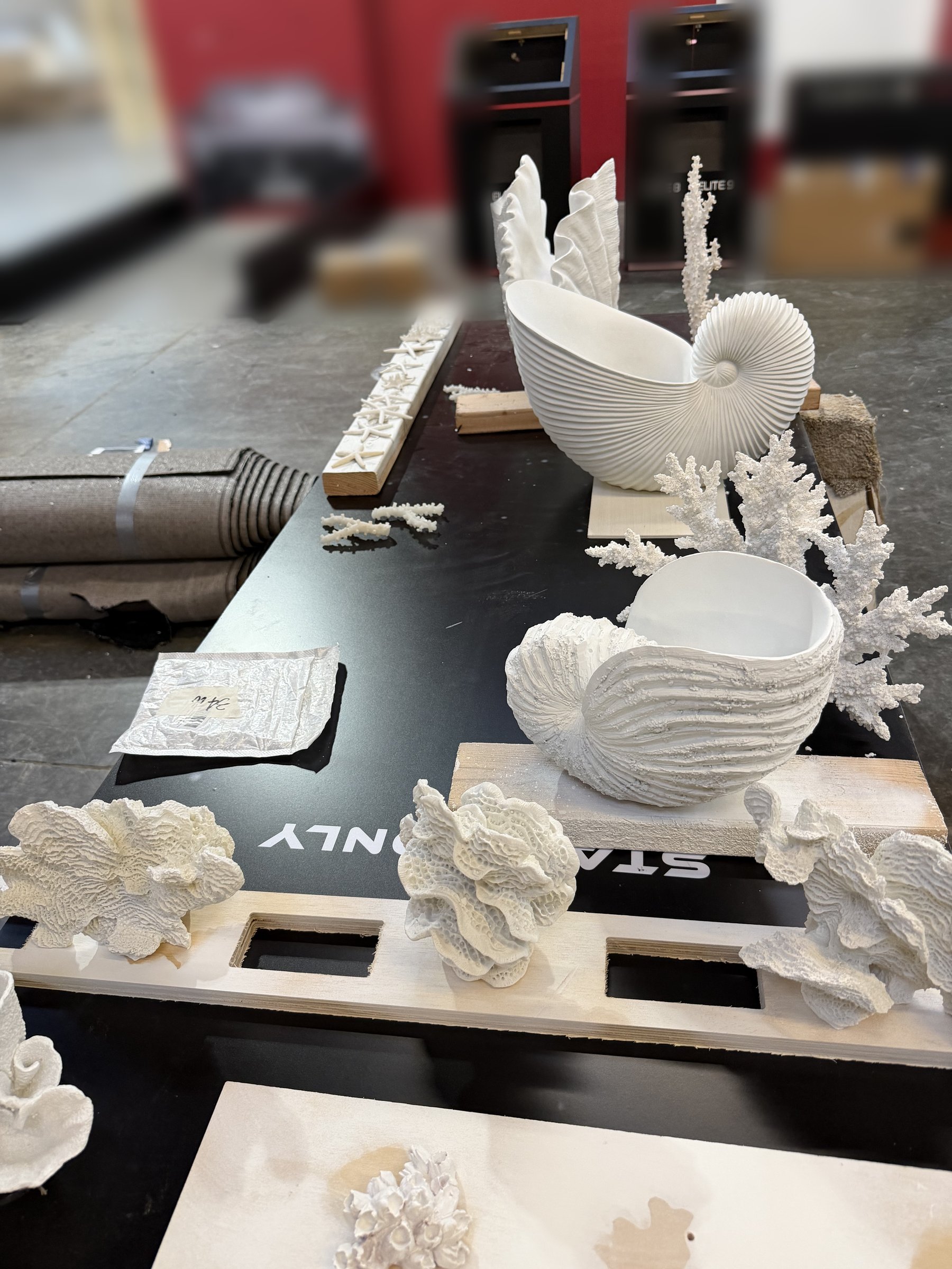 Nautilus bowls and coral forms painted to the booth Pantone